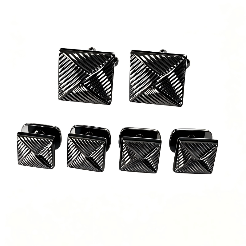 Square Geometric Engraved Cufflinks & Shirt Studs Set, Silver‑Tone Metal Formal Accessories for Men Wedding Business French Cuff Shirts