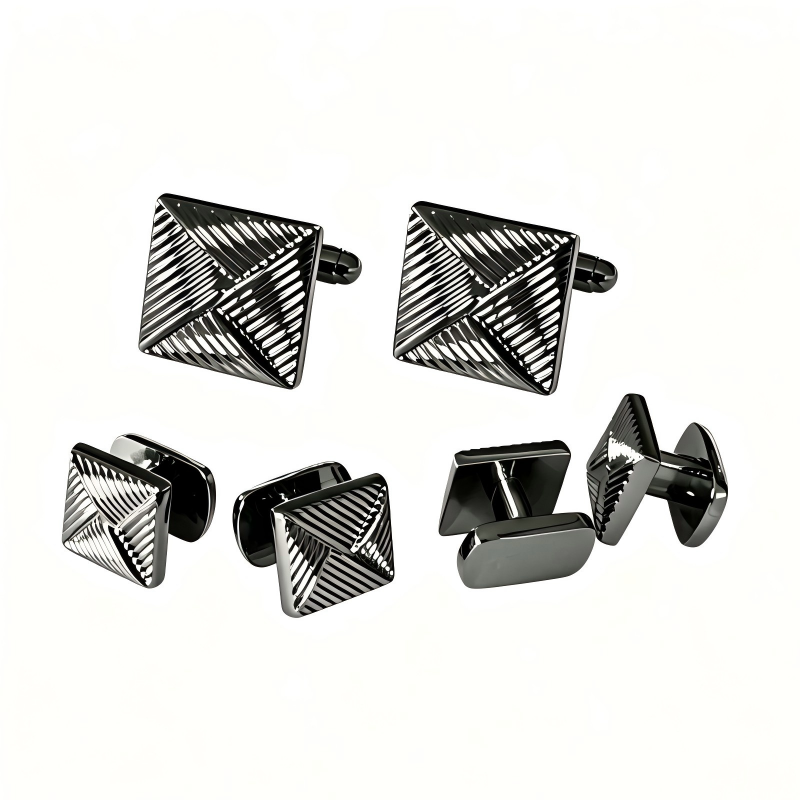 Square Geometric Engraved Cufflinks & Shirt Studs Set, Silver‑Tone Metal Formal Accessories for Men Wedding Business French Cuff Shirts
