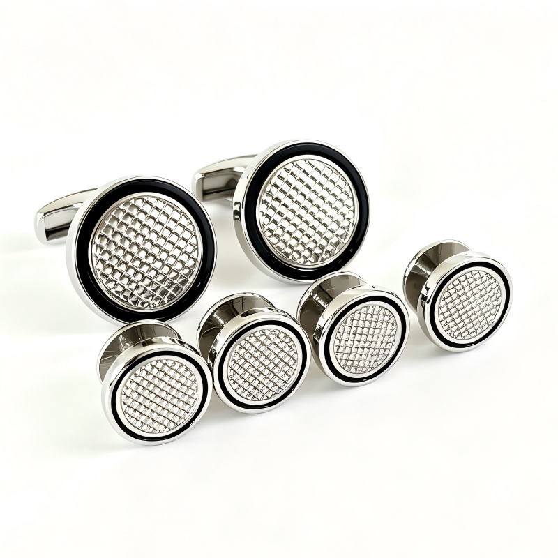 Men Silver Black Round Grid Engraved Cufflinks Shirt Studs Set Business Wedding Formal Tuxedo Shirt Accessories Gift Set