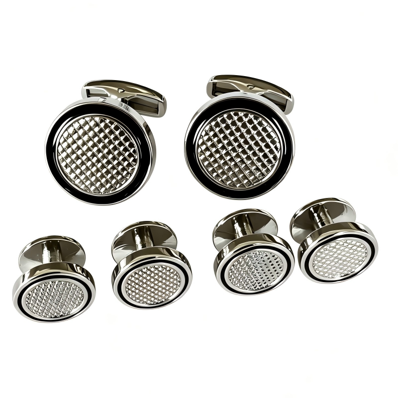 Men Silver Black Round Grid Engraved Cufflinks Shirt Studs Set Business Wedding Formal Tuxedo Shirt Accessories Gift Set