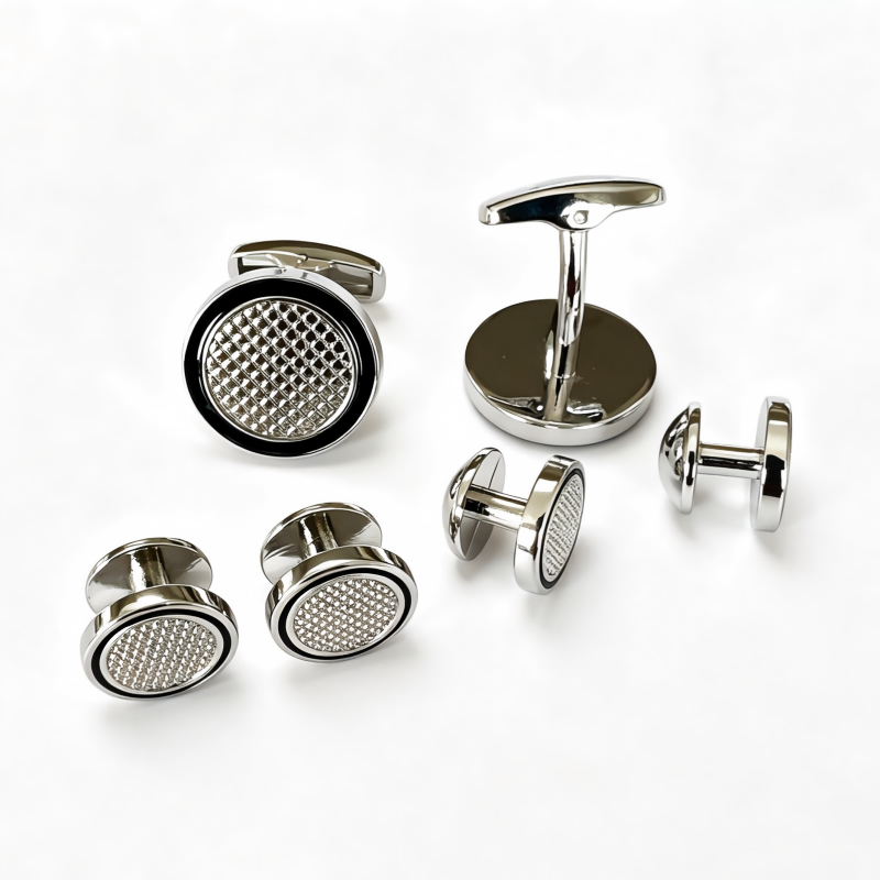 Men Silver Black Round Grid Engraved Cufflinks Shirt Studs Set Business Wedding Formal Tuxedo Shirt Accessories Gift Set
