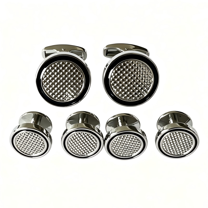 Men Silver Black Round Grid Engraved Cufflinks Shirt Studs Set Business Wedding Formal Tuxedo Shirt Accessories Gift Set