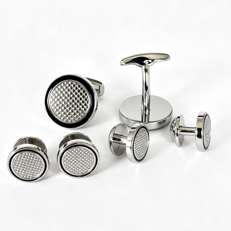 Men Silver Black Round Grid Engraved Cufflinks Shirt Studs Set Business Wedding Formal Tuxedo Shirt Accessories Gift Set