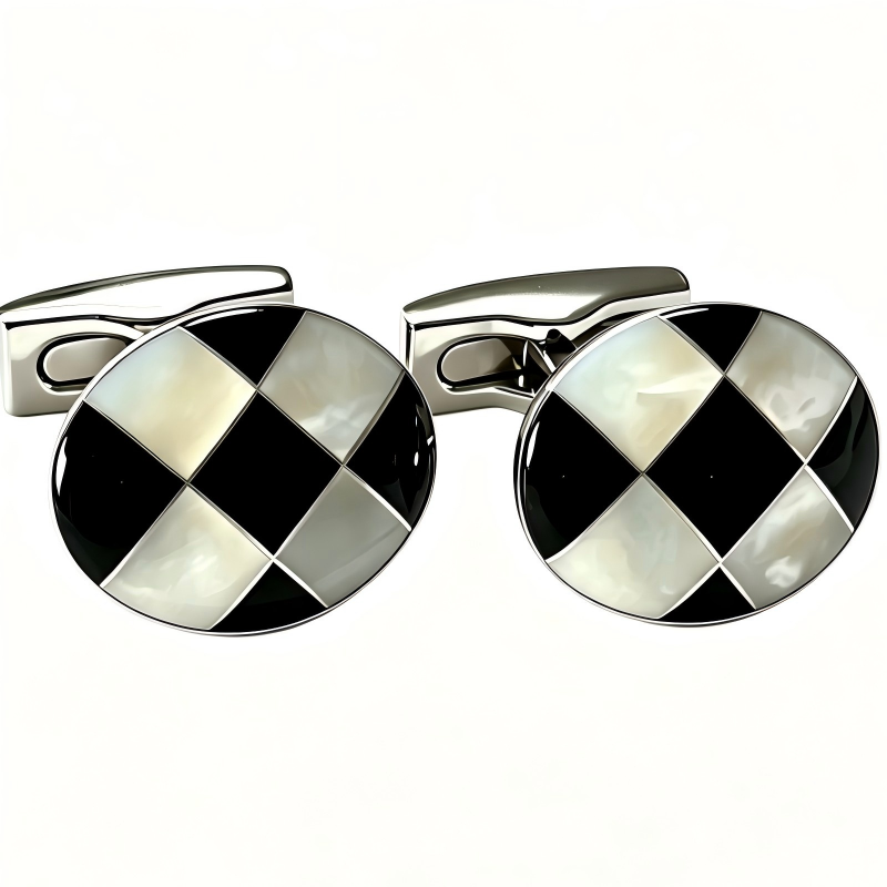 Oval Checkerboard Cufflinks for Men, Natural White Mother of Pearl & Black Onyx Rhombus Inlaid Cufflinks, Polished Silver Plated Formal Suit Cuff Links Wedding Business Gentleman Accessories