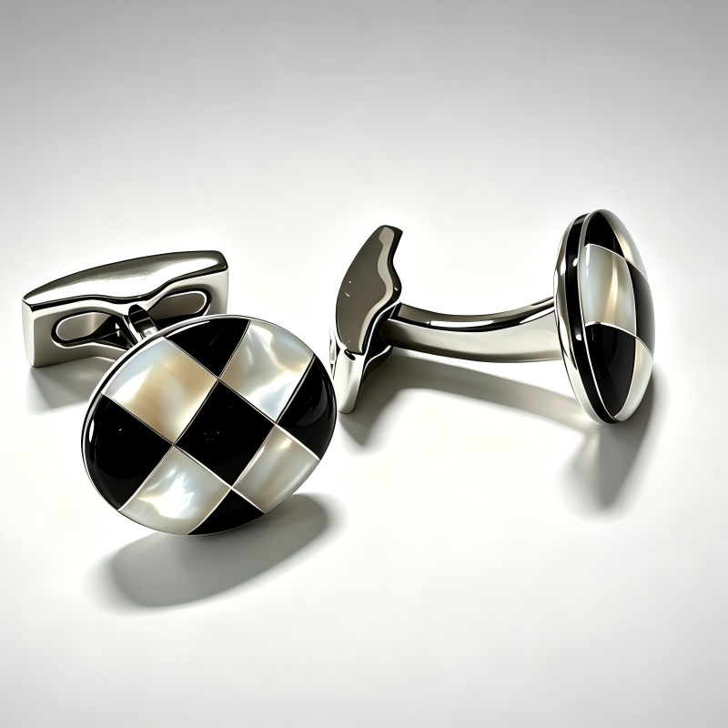 Oval Checkerboard Cufflinks for Men, Natural White Mother of Pearl & Black Onyx Rhombus Inlaid Cufflinks, Polished Silver Plated Formal Suit Cuff Links Wedding Business Gentleman Accessories
