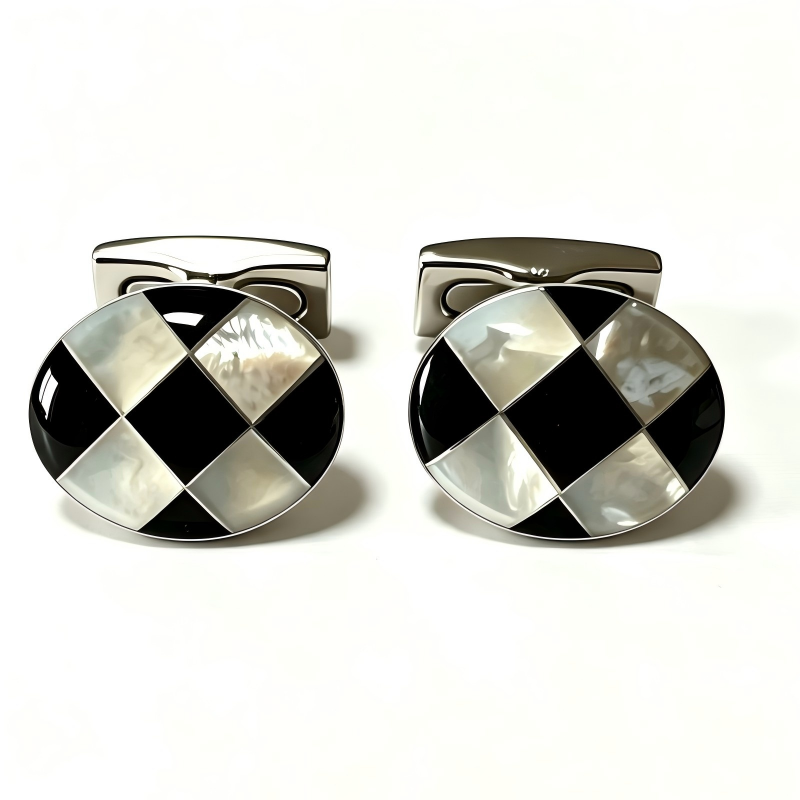 Oval Checkerboard Cufflinks for Men, Natural White Mother of Pearl & Black Onyx Rhombus Inlaid Cufflinks, Polished Silver Plated Formal Suit Cuff Links Wedding Business Gentleman Accessories