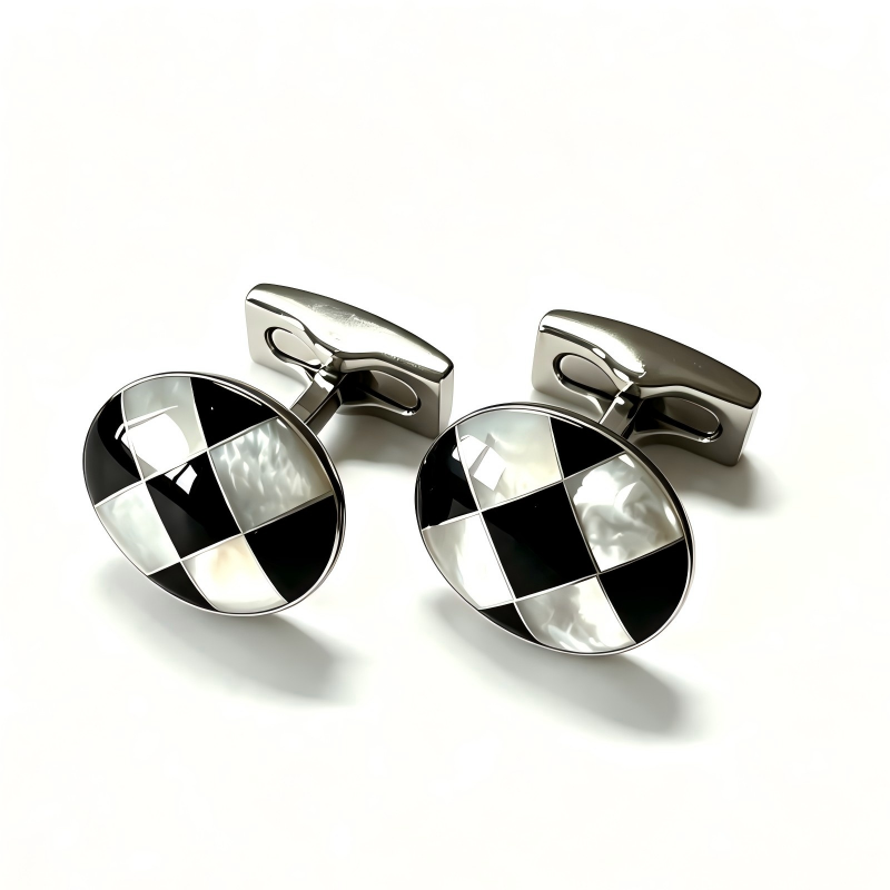 Oval Checkerboard Cufflinks for Men, Natural White Mother of Pearl & Black Onyx Rhombus Inlaid Cufflinks, Polished Silver Plated Formal Suit Cuff Links Wedding Business Gentleman Accessories