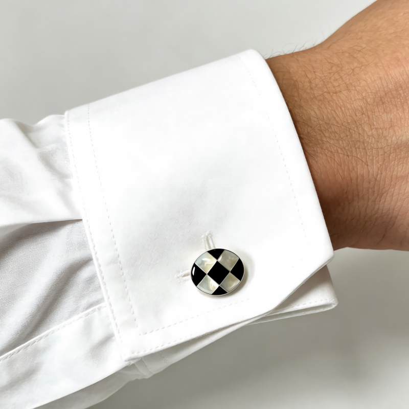 Oval Checkerboard Cufflinks for Men, Natural White Mother of Pearl & Black Onyx Rhombus Inlaid Cufflinks, Polished Silver Plated Formal Suit Cuff Links Wedding Business Gentleman Accessories