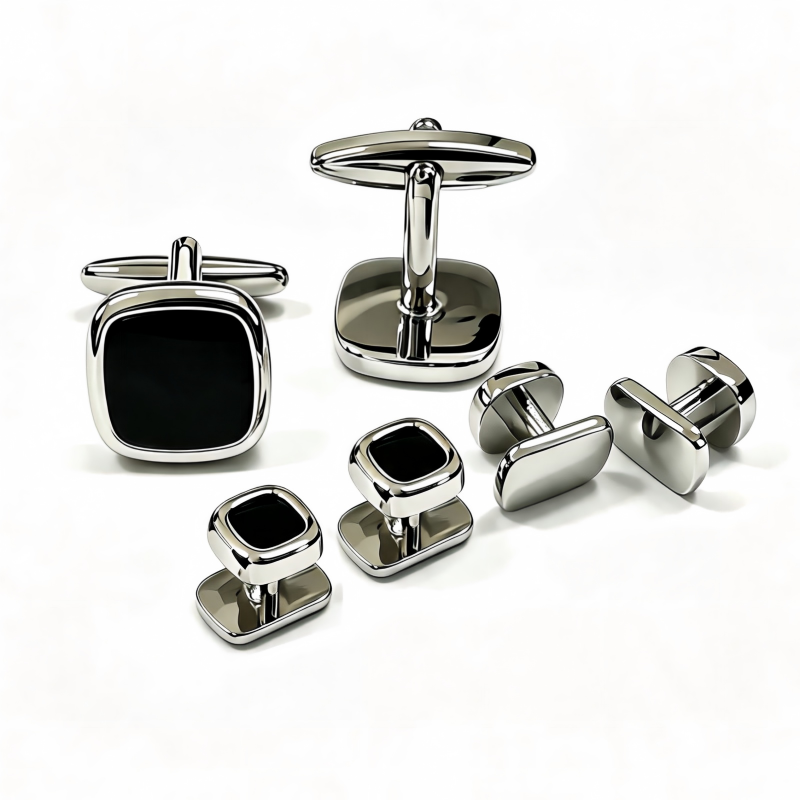 Rounded Square Black Stone Cufflinks & Shirt Studs Set, 2 Cufflinks + 4 Shirt Studs, Gold Plated Formal French Cuff Accessories for Men Wedding Business Suit