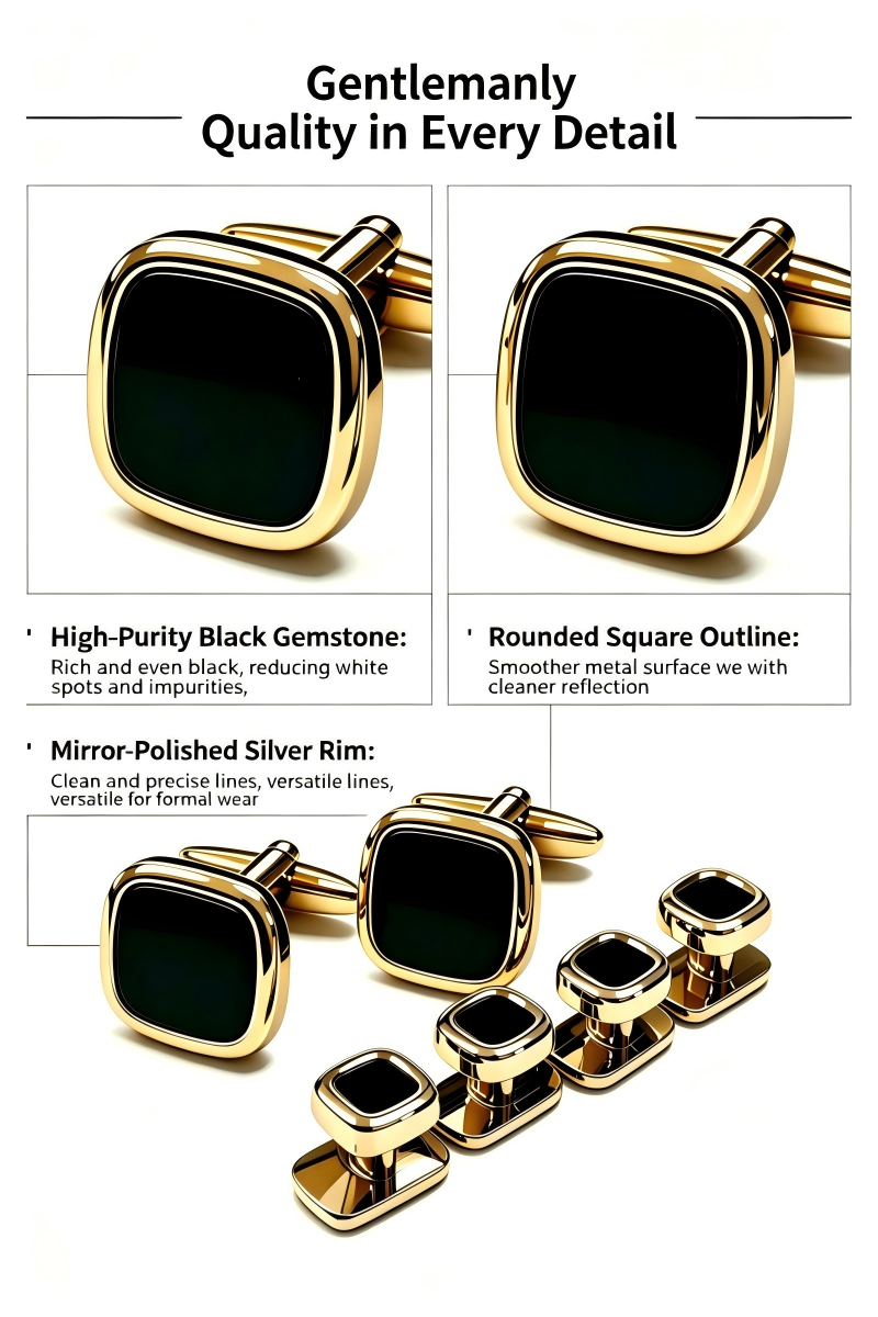 Rounded Square Black Stone Cufflinks & Shirt Studs Set, 2 Cufflinks + 4 Shirt Studs, Gold Plated Formal French Cuff Accessories for Men Wedding Business Suit
