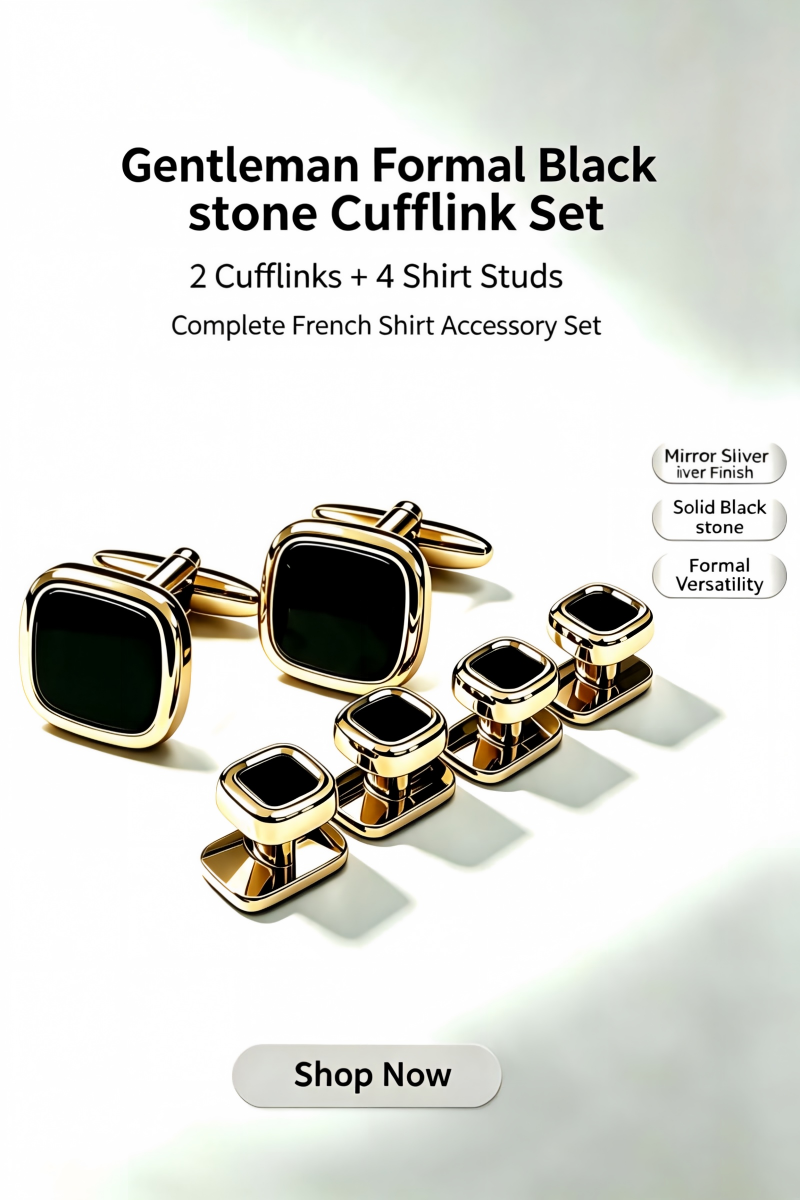 Rounded Square Black Stone Cufflinks & Shirt Studs Set, 2 Cufflinks + 4 Shirt Studs, Gold Plated Formal French Cuff Accessories for Men Wedding Business Suit