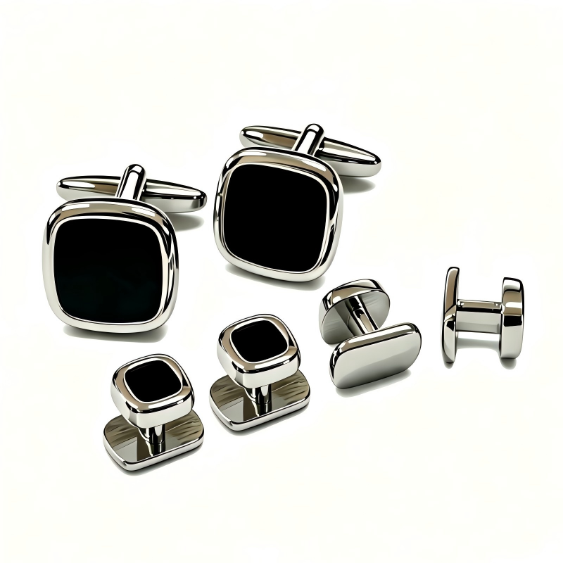 Rounded Square Black Stone Cufflinks & Shirt Studs Set, 2 Cufflinks + 4 Shirt Studs, Gold Plated Formal French Cuff Accessories for Men Wedding Business Suit