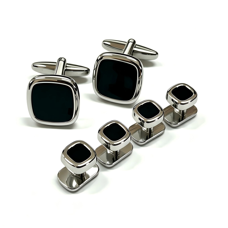 Rounded Square Black Stone Cufflinks & Shirt Studs Set, 2 Cufflinks + 4 Shirt Studs, Gold Plated Formal French Cuff Accessories for Men Wedding Business Suit