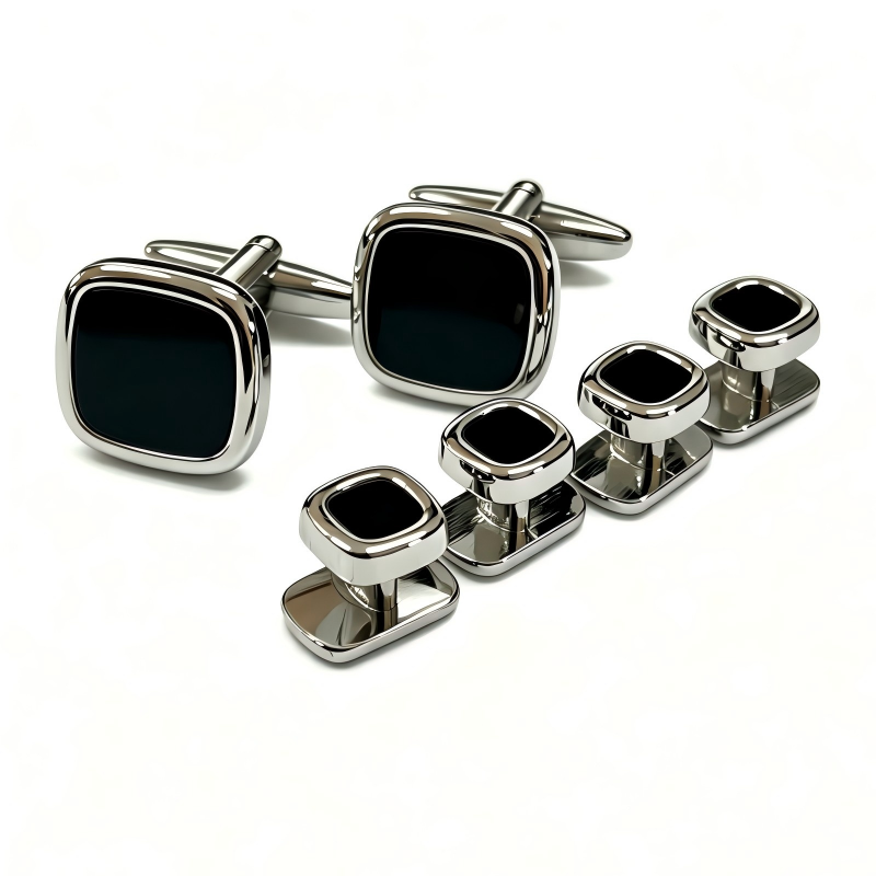 Rounded Square Black Stone Cufflinks & Shirt Studs Set, 2 Cufflinks + 4 Shirt Studs, Gold Plated Formal French Cuff Accessories for Men Wedding Business Suit