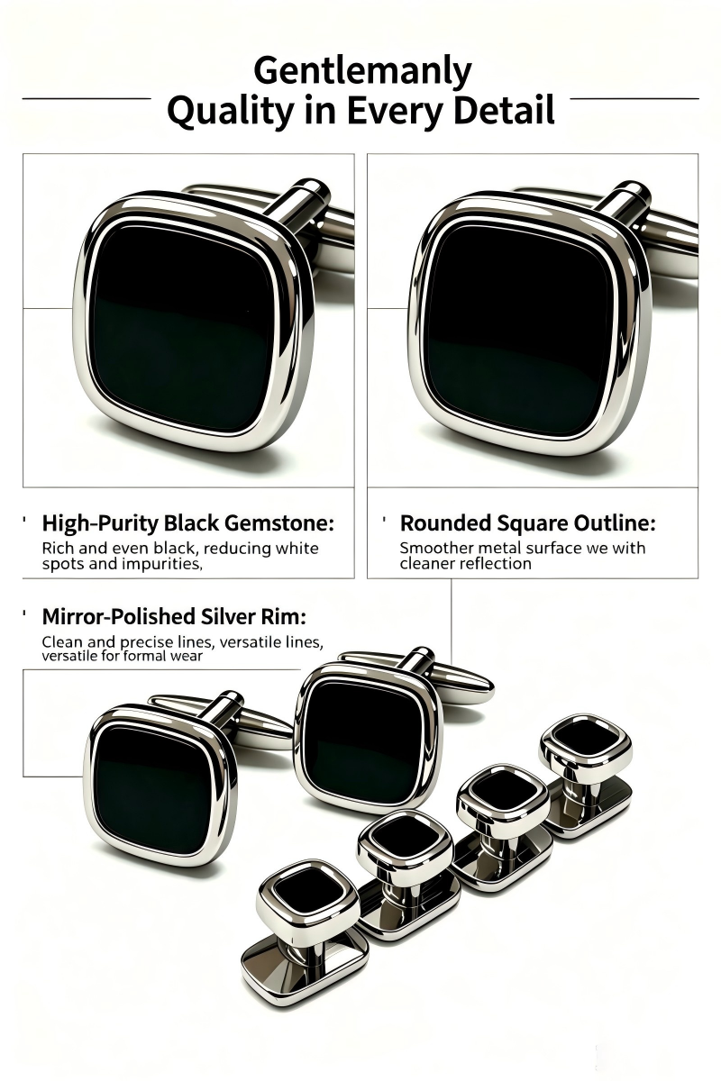 Rounded Square Black Stone Cufflinks & Shirt Studs Set, 2 Cufflinks + 4 Shirt Studs, Gold Plated Formal French Cuff Accessories for Men Wedding Business Suit