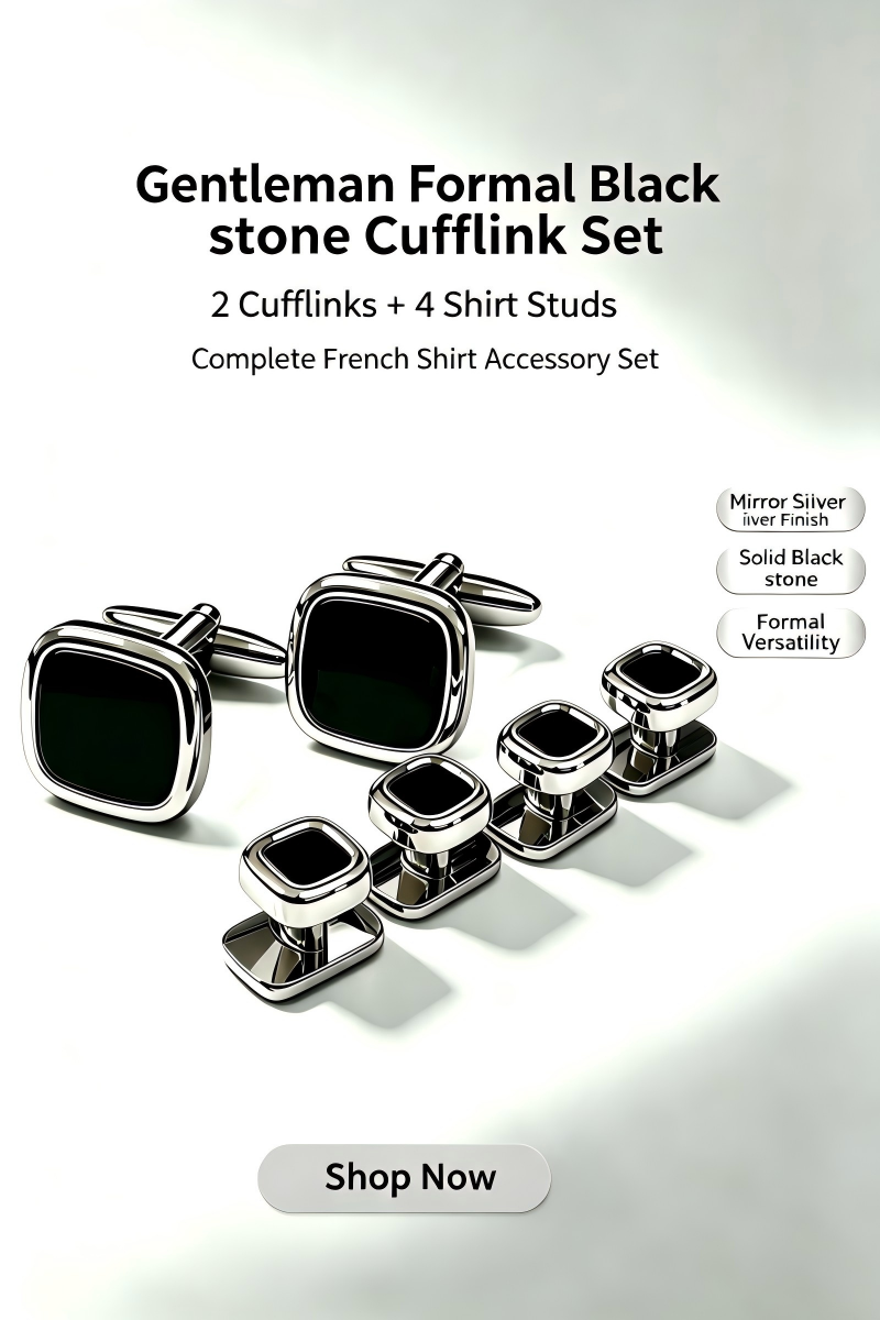 Rounded Square Black Stone Cufflinks & Shirt Studs Set, 2 Cufflinks + 4 Shirt Studs, Gold Plated Formal French Cuff Accessories for Men Wedding Business Suit
