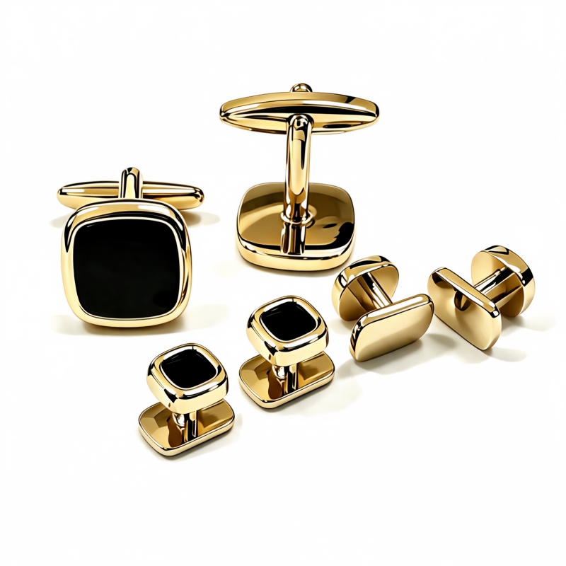 Rounded Square Black Stone Cufflinks & Shirt Studs Set, 2 Cufflinks + 4 Shirt Studs, Gold Plated Formal French Cuff Accessories for Men Wedding Business Suit