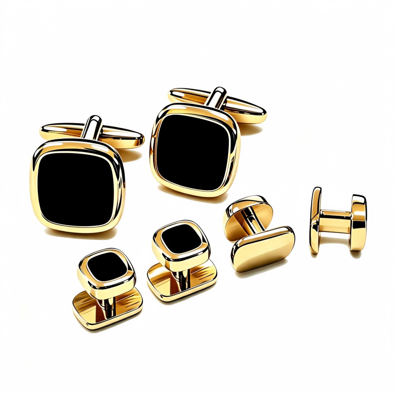 Rounded Square Black Stone Cufflinks & Shirt Studs Set, 2 Cufflinks + 4 Shirt Studs, Gold Plated Formal French Cuff Accessories for Men Wedding Business Suit