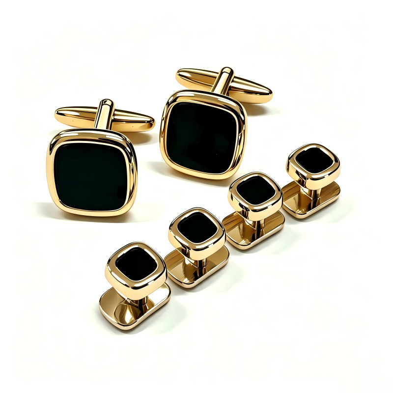 Rounded Square Black Stone Cufflinks & Shirt Studs Set, 2 Cufflinks + 4 Shirt Studs, Gold Plated Formal French Cuff Accessories for Men Wedding Business Suit