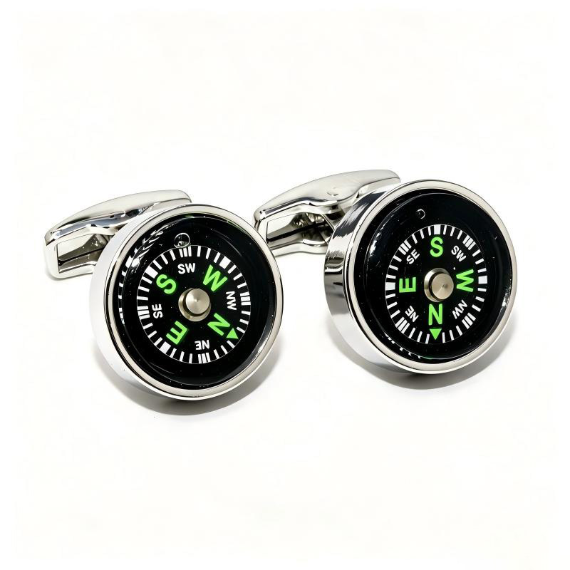 Working Functional Compass Cufflinks for Men, Silver Plated Real Rotatable Compass Suit Cuff Links, Unique Travel Adventure Themed Gift for Gentleman Groom