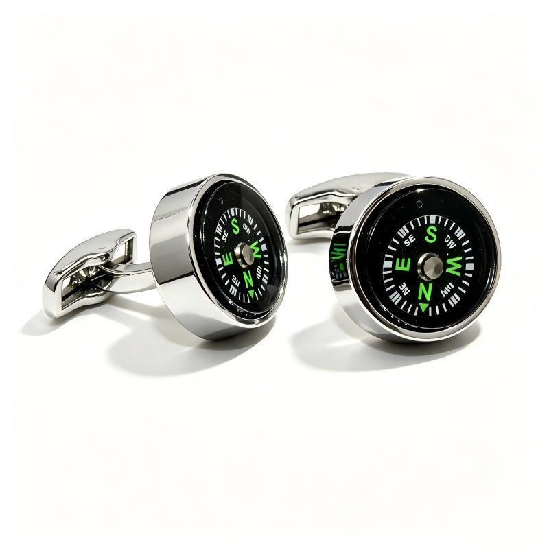 Working Functional Compass Cufflinks for Men, Silver Plated Real Rotatable Compass Suit Cuff Links, Unique Travel Adventure Themed Gift for Gentleman Groom