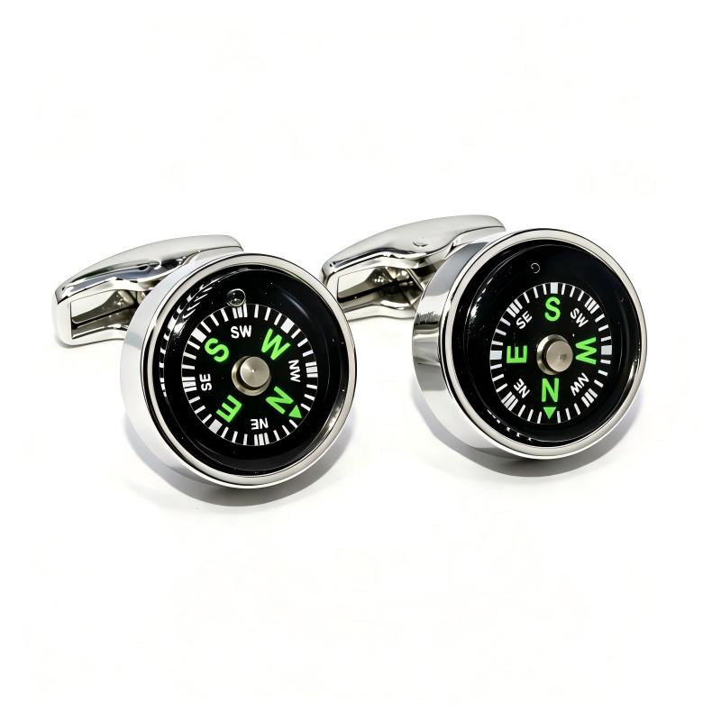 Working Functional Compass Cufflinks for Men, Silver Plated Real Rotatable Compass Suit Cuff Links, Unique Travel Adventure Themed Gift for Gentleman Groom