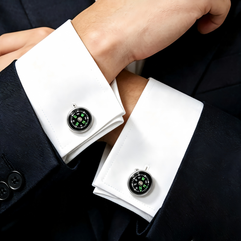 Working Functional Compass Cufflinks for Men, Silver Plated Real Rotatable Compass Suit Cuff Links, Unique Travel Adventure Themed Gift for Gentleman Groom