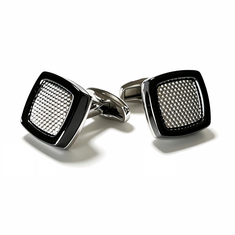 Black Frame Textured Rounded Square Cufflinks, Men Accessories For French Cuff Business Dress Shirt