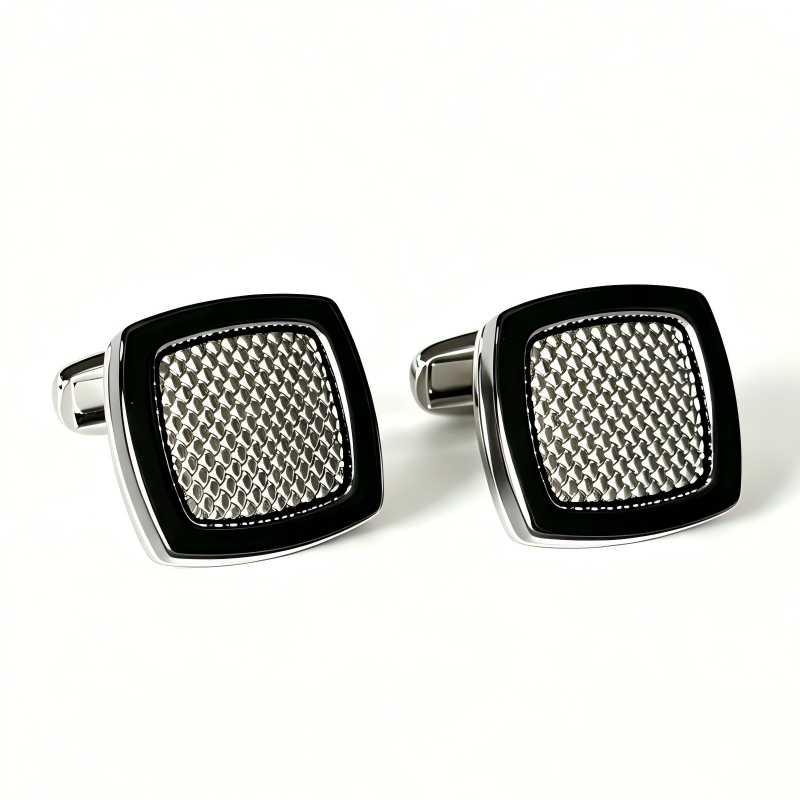 Black Frame Textured Rounded Square Cufflinks, Men Accessories For French Cuff Business Dress Shirt