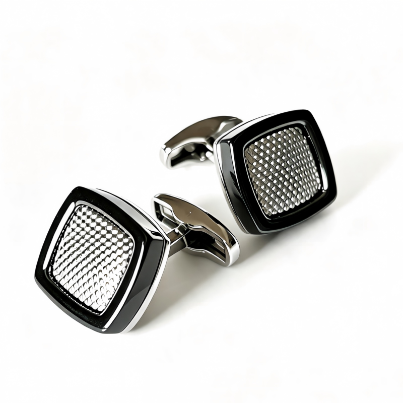 Black Frame Textured Rounded Square Cufflinks, Men Accessories For French Cuff Business Dress Shirt