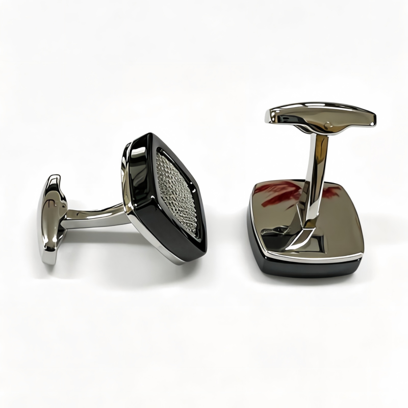Black Frame Textured Rounded Square Cufflinks, Men Accessories For French Cuff Business Dress Shirt