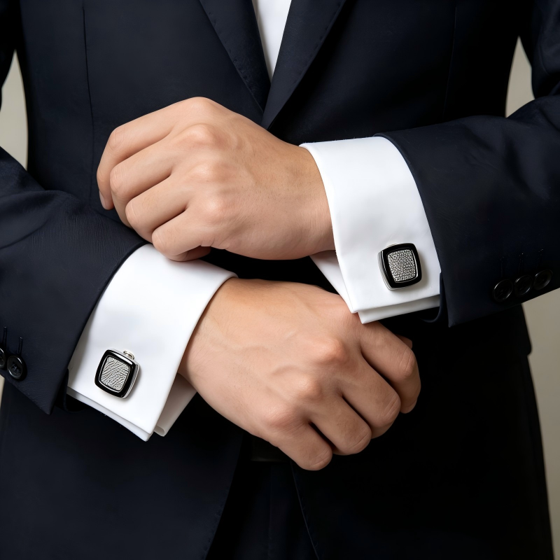 Black Frame Textured Rounded Square Cufflinks, Men Accessories For French Cuff Business Dress Shirt
