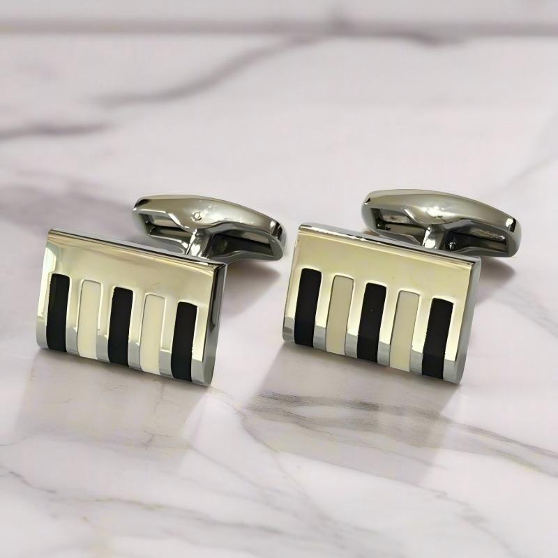 Piano Keyboard Cufflinks for Men, Black White Enamel Music Theme Rectangular Cuff Links for Musician Wedding Business Dress Shirts