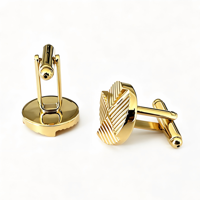 Quarter Grooved Round Cufflinks Gold Plated Brass Men Formal Business Cuff Links