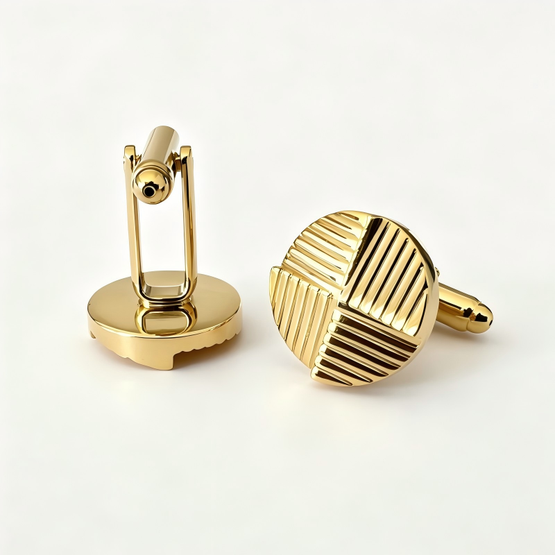 Quarter Grooved Round Cufflinks Gold Plated Brass Men Formal Business Cuff Links