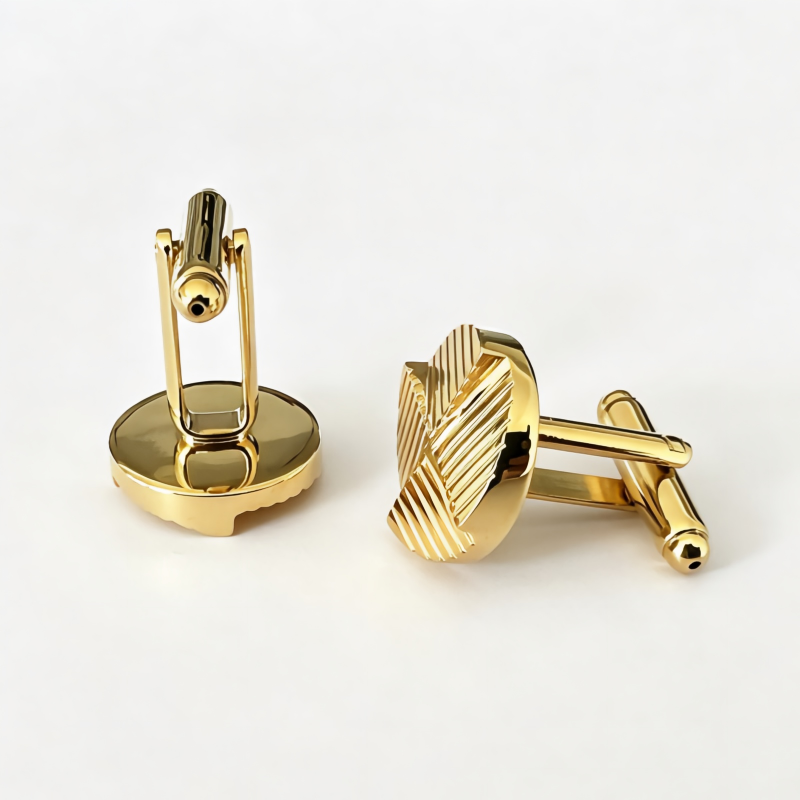 Quarter Grooved Round Cufflinks Gold Plated Brass Men Formal Business Cuff Links