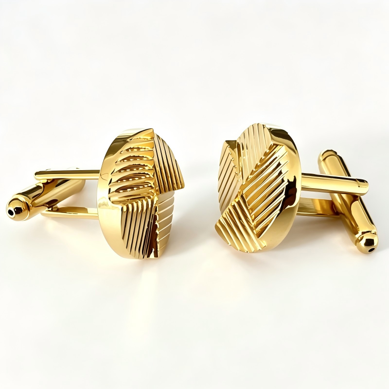 Quarter Grooved Round Cufflinks Gold Plated Brass Men Formal Business Cuff Links