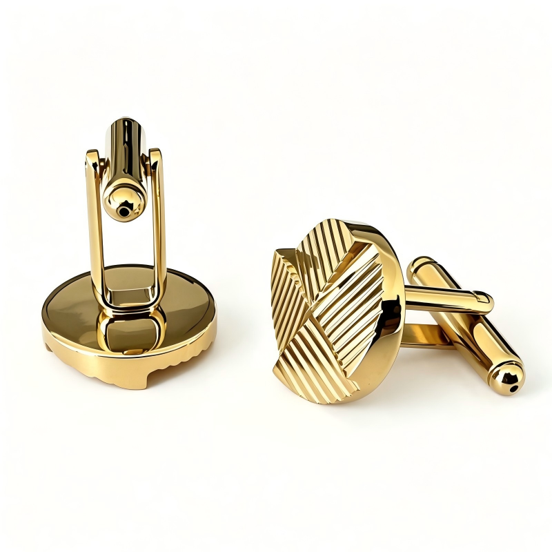 Quarter Grooved Round Cufflinks Gold Plated Brass Men Formal Business Cuff Links