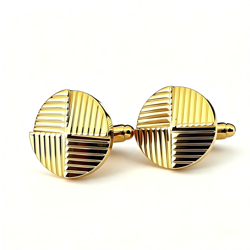Quarter Grooved Round Cufflinks Gold Plated Brass Men Formal Business Cuff Links