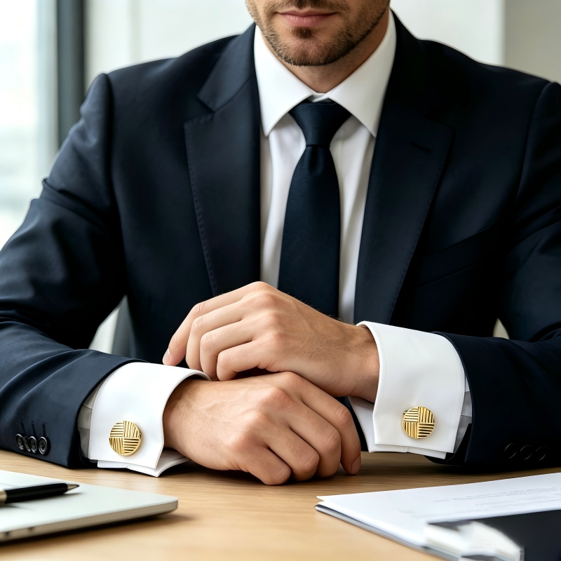 Quarter Grooved Round Cufflinks Gold Plated Brass Men Formal Business Cuff Links