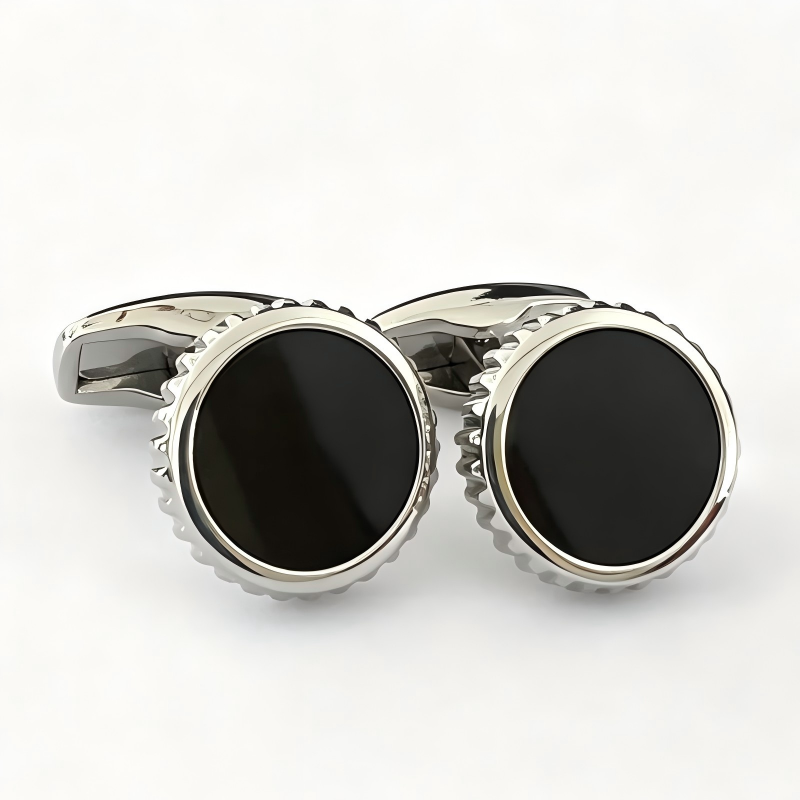Gear‑Edge Flat Black Gemstone French Cufflinks, Men Business Formal Shirt Accessories