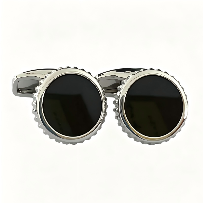 Gear‑Edge Flat Black Gemstone French Cufflinks, Men Business Formal Shirt Accessories
