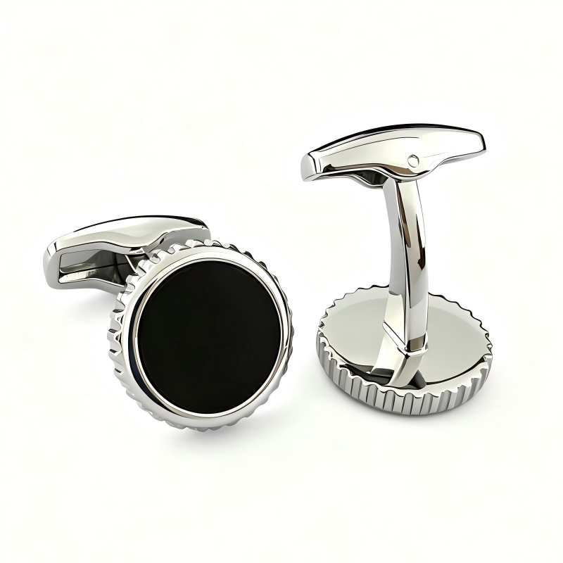 Gear‑Edge Flat Black Gemstone French Cufflinks, Men Business Formal Shirt Accessories