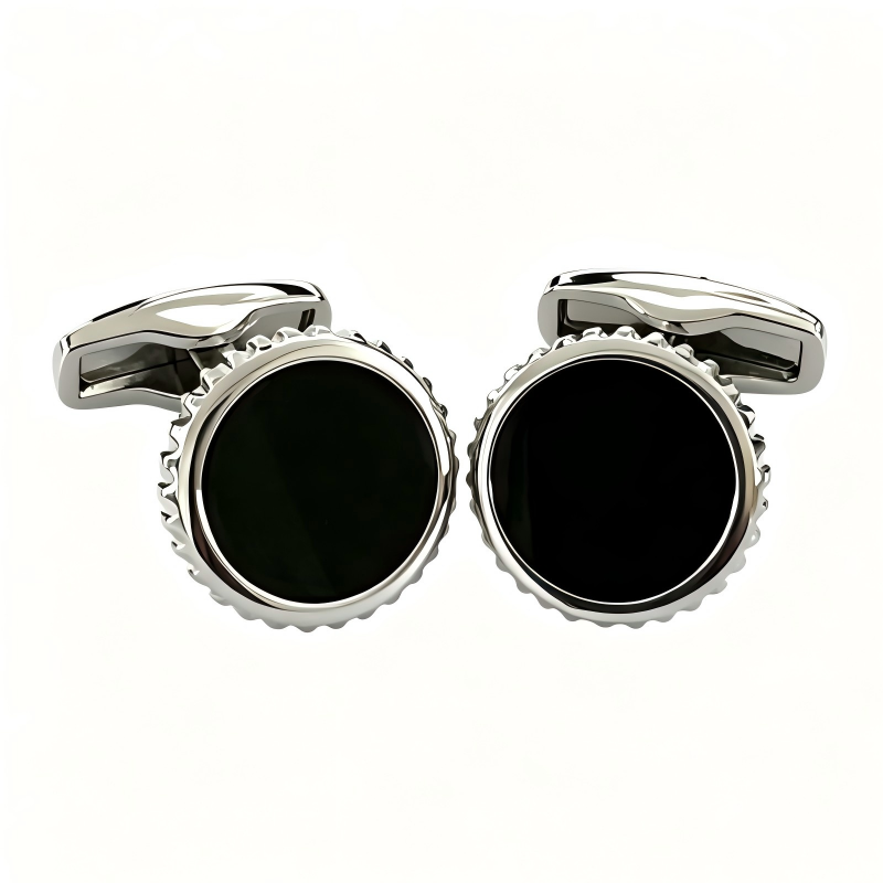 Gear‑Edge Flat Black Gemstone French Cufflinks, Men Business Formal Shirt Accessories