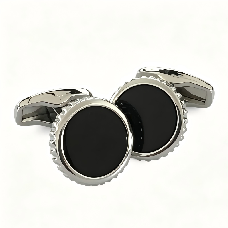 Gear‑Edge Flat Black Gemstone French Cufflinks, Men Business Formal Shirt Accessories