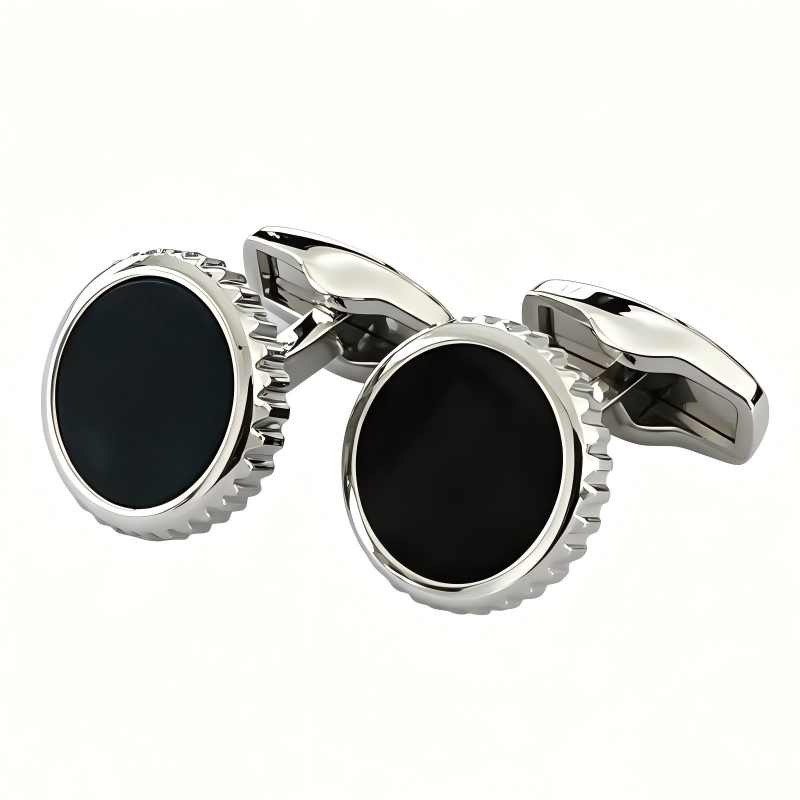 Gear‑Edge Flat Black Gemstone French Cufflinks, Men Business Formal Shirt Accessories