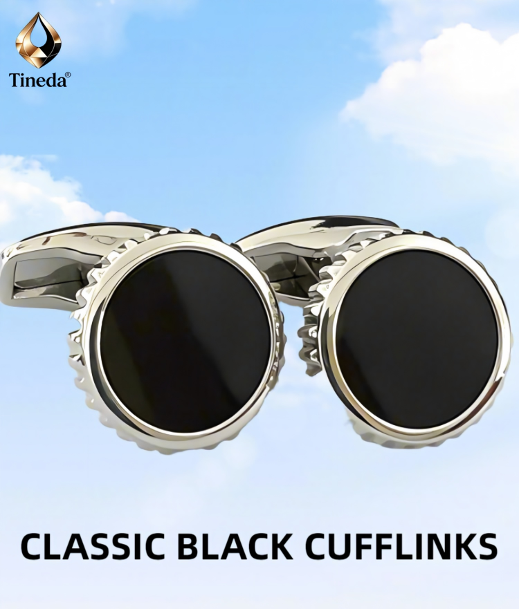 Gear‑Edge Flat Black Gemstone French Cufflinks, Men Business Formal Shirt Accessories