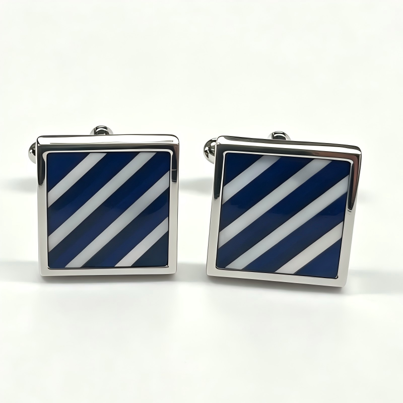 Brass Square Blue White Stripe Flat Gemstone Cufflinks Men Business Formal Shirt Accessories