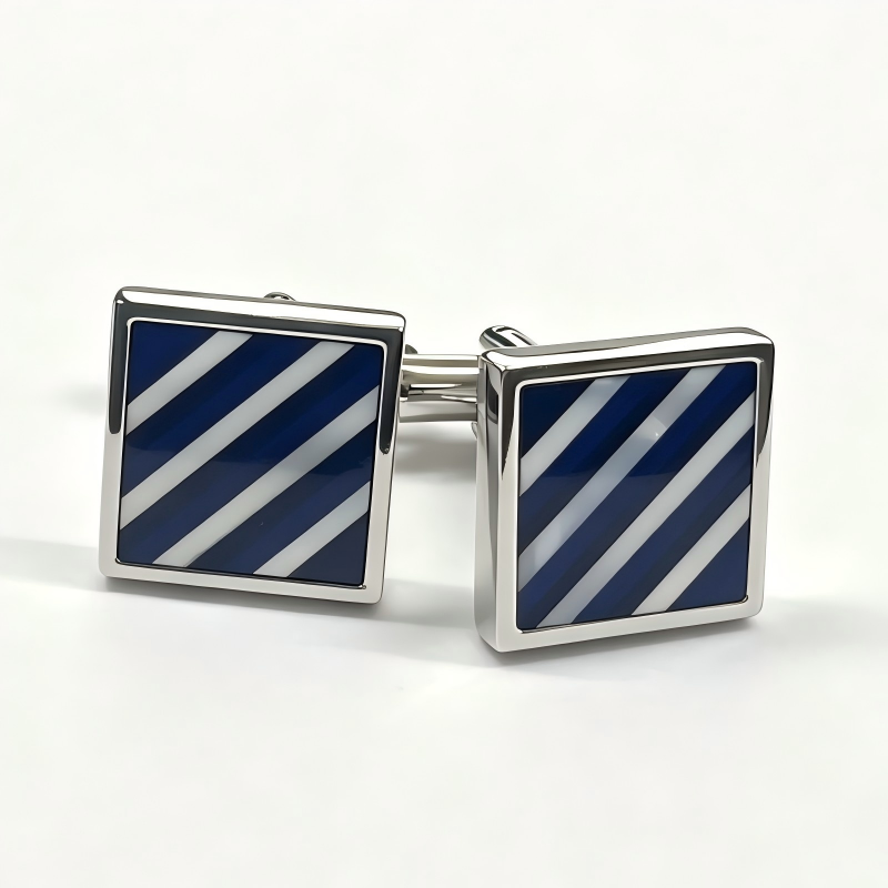 Brass Square Blue White Stripe Flat Gemstone Cufflinks Men Business Formal Shirt Accessories