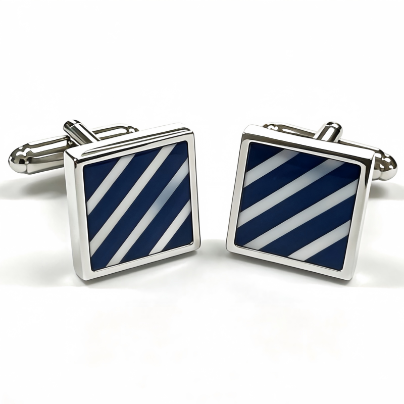 Brass Square Blue White Stripe Flat Gemstone Cufflinks Men Business Formal Shirt Accessories